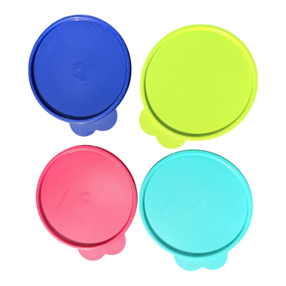 Tupperware Replacement Lids Set of 4 Round blue teal green butterfly tab 6 In